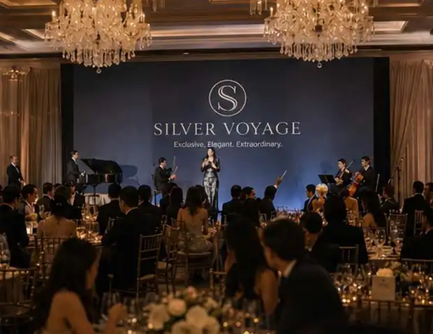 A gala dinner table set with candlelight and crystal